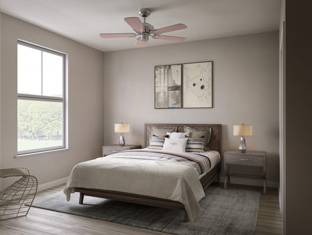 Bedroom with wood-style flooring, ceiling fan, queen-sized bed, dual nightstands and large window