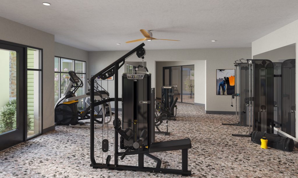 Fitness Center with ceiling fan, weight machines and cardio machines