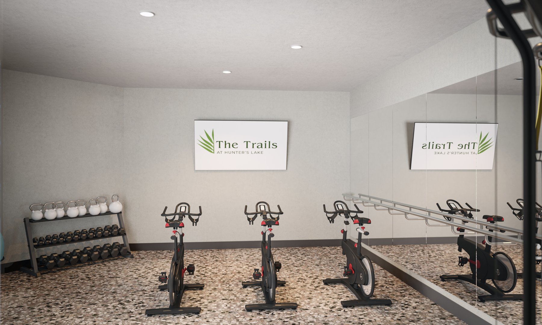 Fitness Center with spin bikes, mirrored wall, wall-mount TV and and free weight