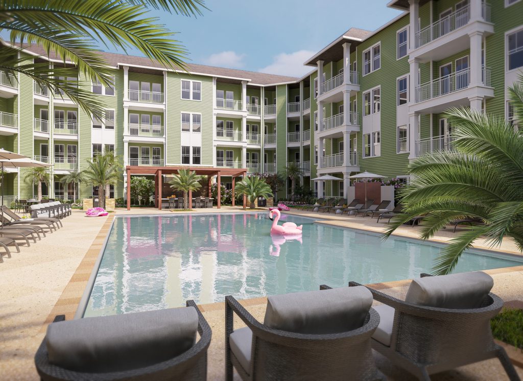 Resort-style pool with covered patio area and lounge seating