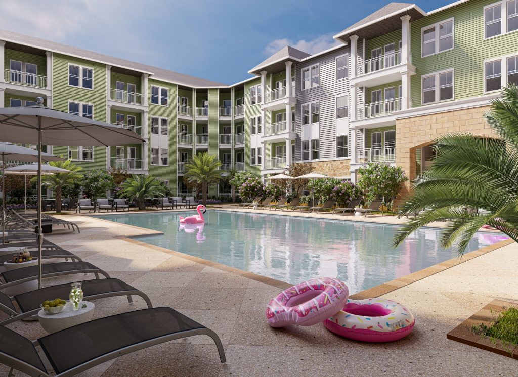 Resort-style pool with lounge seating, umbrellas, and covered patio