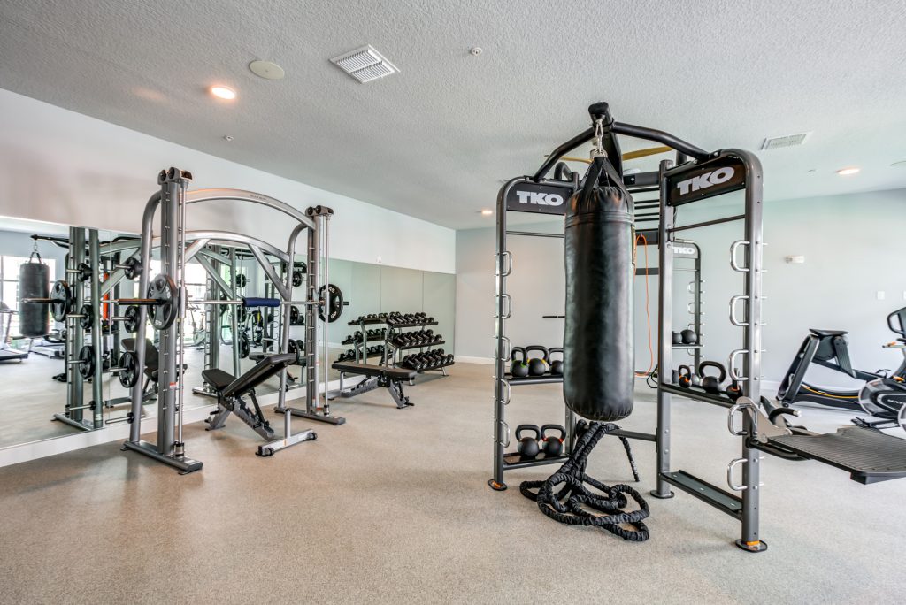Indoor gym with lifting machines, workout machines, and weights