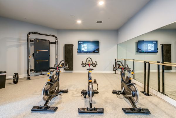 Indoor gym with lifting machines, workout machines, and weights