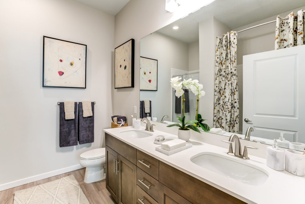 Bathroom with with dual sinks and mirrors, decor, and wood-style flooring